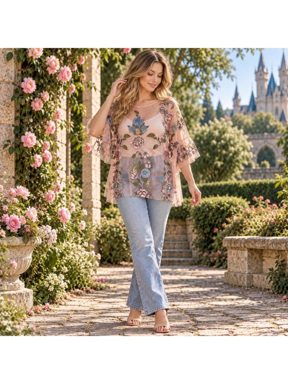 Disney Sleeping Beauty Top Size XL Sheer Mesh Embroidered Floral Aurora NWT